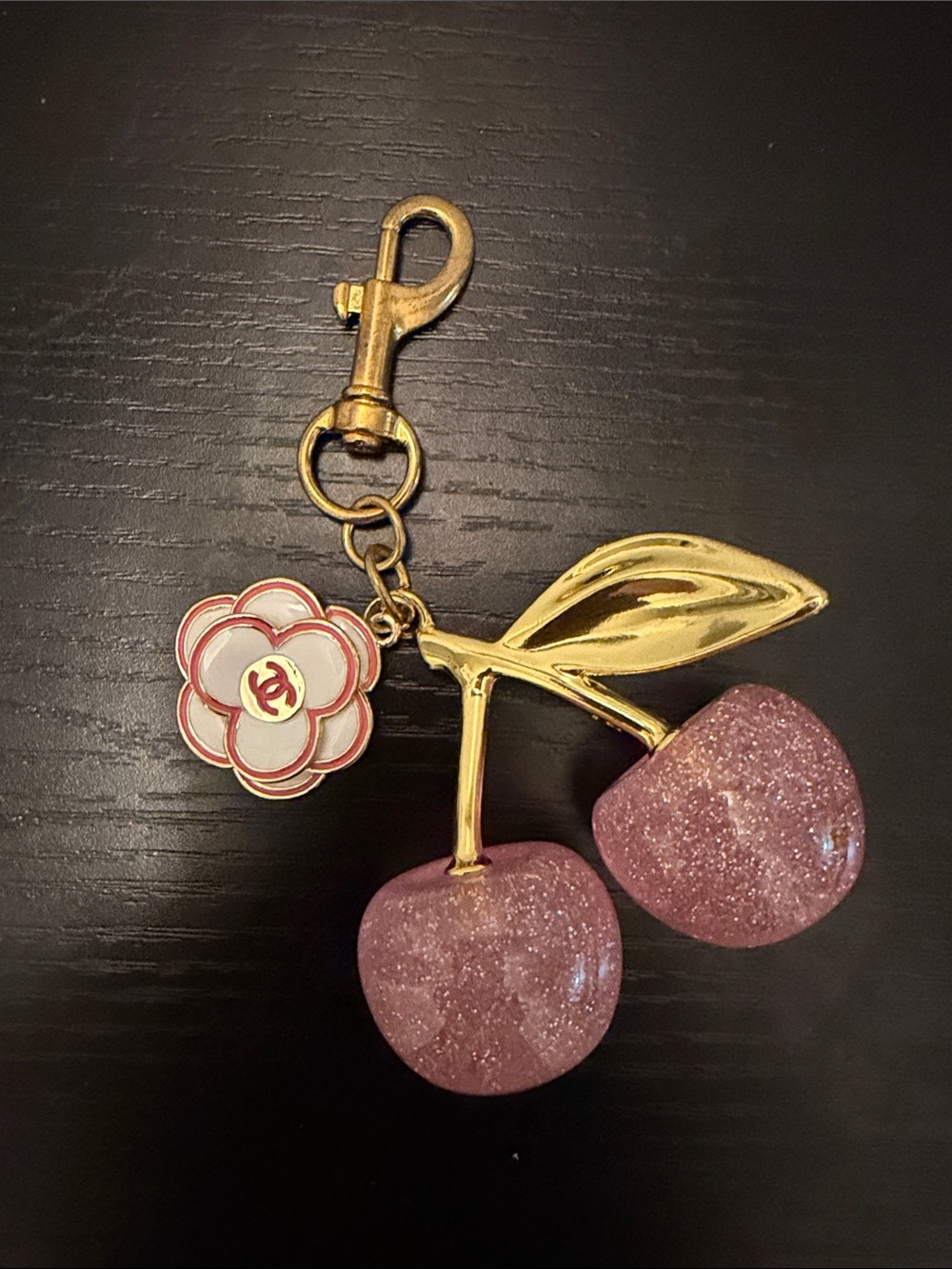 Inspired Gold-Tone Cherry Key Charm with Pink Glitter Cherries and Flower Tag